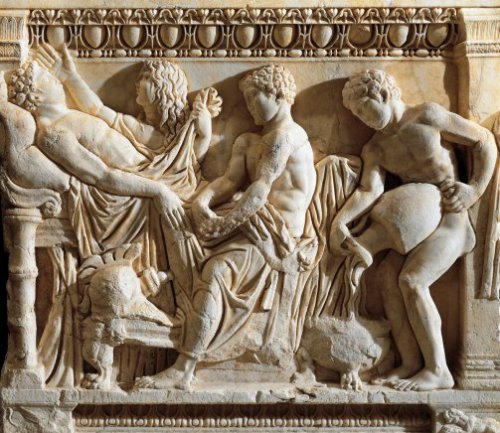 valkyrieny:Marble sarcophagus with relief of Achilles before Patroclus bed. This is so beautiful, yo