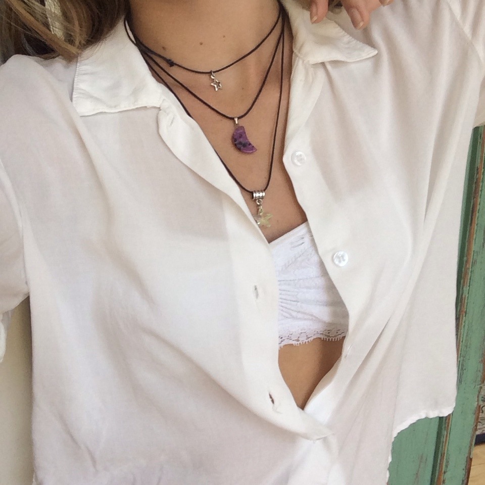 flowury:  necklace set by Northern Dash on ig, brandy shirt, free people bralette