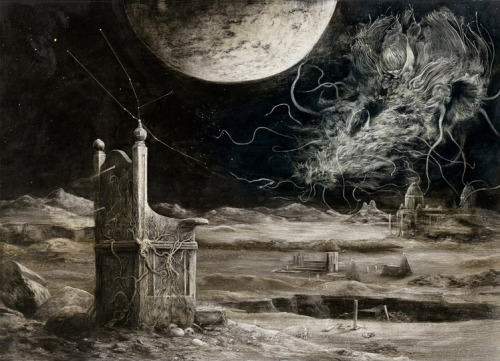 santiagocaruso:  “The Throne of Caos” by Santiago Caruso / Ink & scratch on plastered paper / 2014 Cover of the book “Extraños Eones” by Emilio Bueso, Valdemar 2014 www.santiagocaruso.com.ar
