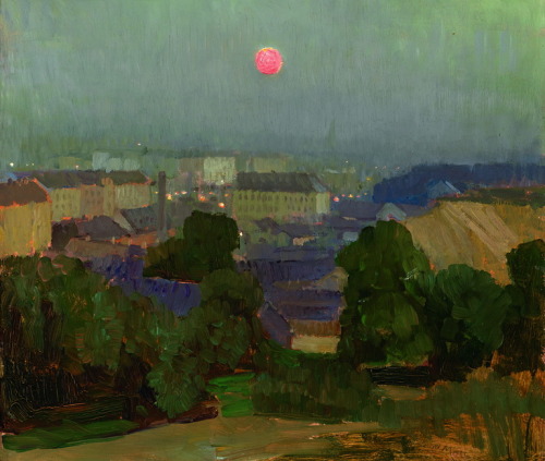 Heiligenstadt at Full Moon   -   Carl Moll  , 1906-10Austrian, 1861–1945Oil on wood ,  34.5 x 35.8 c