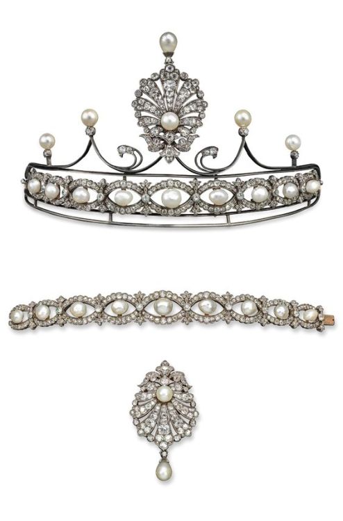 An antique pearl and diamond set tiara with bracelet conversion, 19th century. The bracelet set