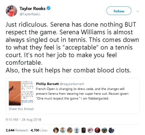 raimagnolia: paprikanoir:  jonkakes:  gahdamnpunk: “One must respect the game”, but when is French Open going to respect Serena?!  She is the literal personification of an omnipotent deity taking the court, you should be so lucky at to have her grace