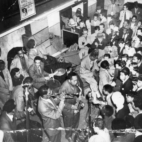 musician-photos:  Charlie Parker and his bandFrom a comment:  If that is Max Roach on drums, then that is around the time Bird was a constant performer at the Royal Roost. I don’t see Miles Davis in the group, so I would assume this is after the Christmas