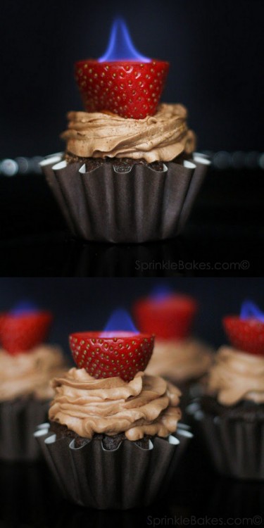 decadentdessertsblog:Flaming Strawberry Chocolate Cupcake Recipe from Sprinkle Bakes.As the baker no