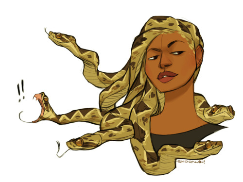 commanderspock:  shoomlah  diamondback rattlesnake Medusa for Sketch_Dailies over on twitter! Just an excuse to practice drawing snake heads, let’s be honest. I haven’t posted much recently due to BIG EXCITING LIFE CHANGES, so I figured I owed you