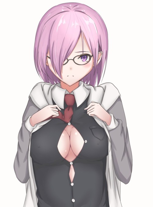 フェイト・シリーズ、fate/grand order、シールダー(fate/grand order)、高解像度、ネクタイ、一人、乳、勃起乳首、女一人、服の下から主張する乳首、眼鏡、紫目、紫髪、胸の谷間、谷間カットアウト、赤面、髪で片目隠れ