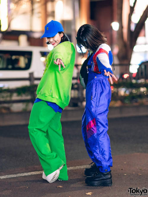 Japanese teens Mai and Saya wearing colorful fun styles on the street in Harajuku with items from Ke