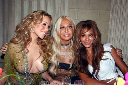 goddess-of-hookers:    Mariah Carey, Donatella Versace, and Beyoncé Knowles at Milan Fashion Week’s spring/summer Versace show, October 2003   