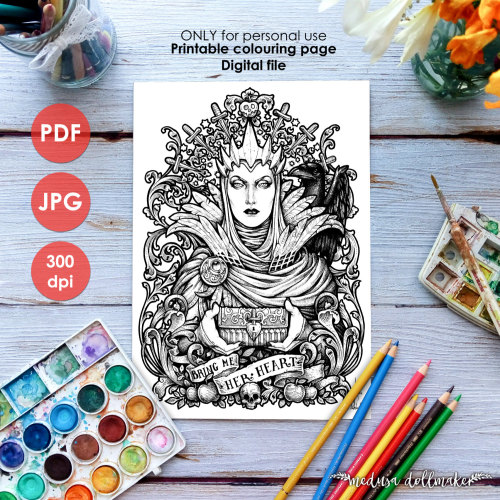 EVIL QUEEN COLORING Page - Printable Colouring Page Adults and Children, Art Nouveau Lineart, Snow W