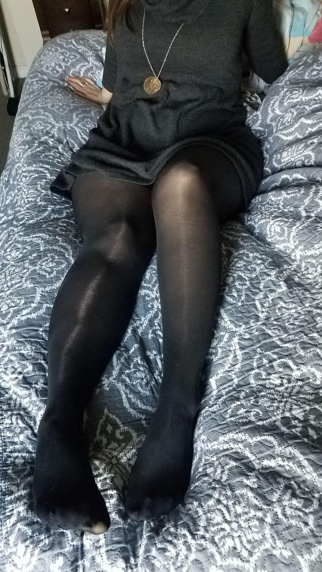 myprettywifesfeet: My pretty wife in nylons and a cute dress.please comment  