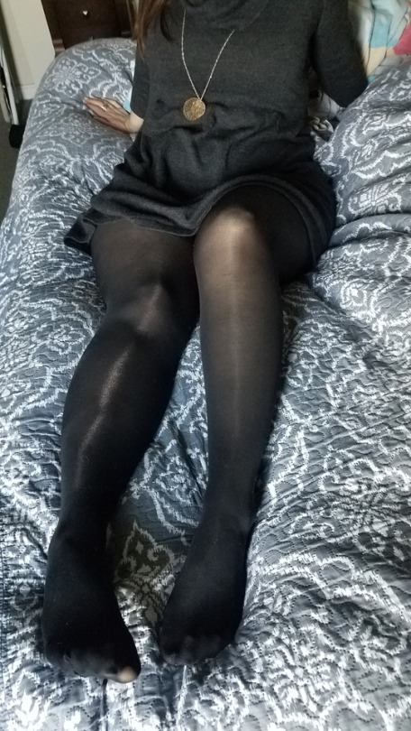 myprettywifesfeet: My pretty wife in nylons and a cute dress.please comment  