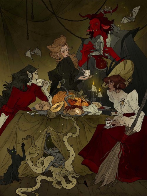 monthoffearart:“Bloodthirsty beasts and beldames enjoy a bewitching banquet”By Abigail Larson9x12Mix