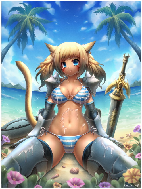 peprepme:  R-17.9 commission from deviantart member. His miqo’te oc from final fantasy online in striped bikini.