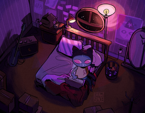 infernallegaycy:drawspace:mae’s room[id: three illustrations of mae in her room. her room is small a