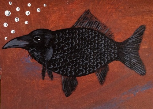 jenzelart:Corvus ossifragus (Fish crow), acrylic painting on cardboard