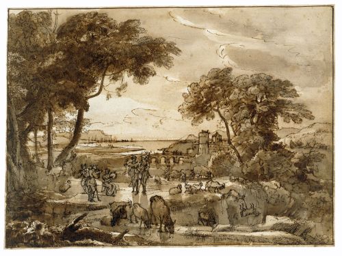 Claude Lorrain (French; 1604–1682)Landscape with Country DancePen and brown ink with brown and gray 