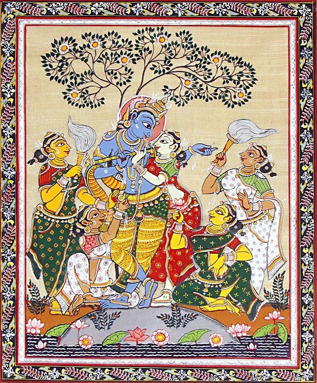 Radha Krishna with Four Gopinis Orissa Pattachitra... - Tumbex