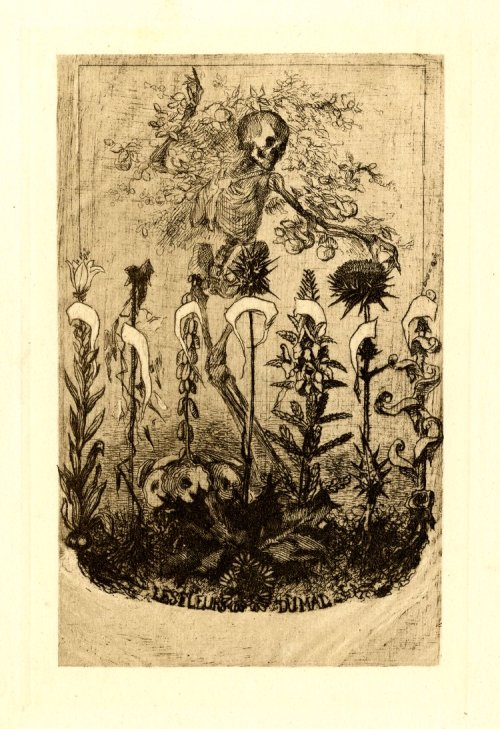blackpaint20:  Unpublished frontispiece for ‘Les Fleurs du Mal’ by Baudelaire (1857): a skeleton standing before seven flowers representing the seven deadly sins; his arms extend outwards, enveloped with fruits on branches; the title of the publication
