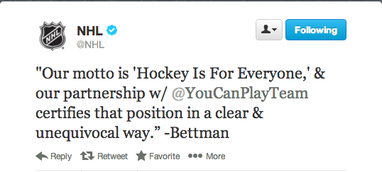 sbnation:
“ Awesome.
Great work, NHL.
NHL, NHLPA announce partnership with You Can Play Project
”