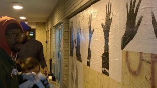 socialjusticekoolaid:  Today in Solidarity (11/19/14): St Louis artist Damon Davis turns panic into purpose, transforming boarded up stores into protest art. “They say board up. We say hands up!” #staywoke #farfromover 