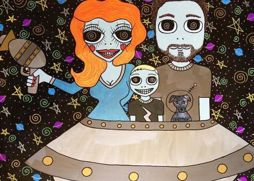 Our latest custom painting of a happy family in space #littlepunkpeople #space #family #familyportra