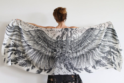 wickedclothes:White Cotton Handpainted Winged ScarfCrafted out of extra-soft cotton, this white scar