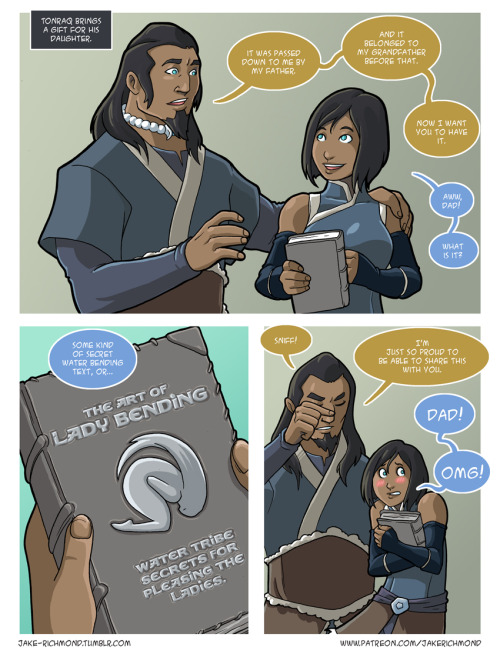 jake-richmond:  Asami Loves Korra: Lady Bending, part 1 You can read the rest of my Korrasami comics here! A new comic! I know it’s been awhile. This is the first of a 3 or 4 parter that continues the story of Korra’s parent’s visit to Republic