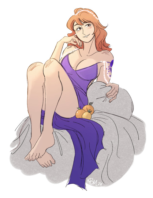 A color illustration of Nami from One Piece, wearing the purple Zou dress. She is reclining, one hand resting on her face, the other resting on a pillow. She's sitting on a soft, blanketed surface, with three oranges near her hip. Her eyes are looking away from the viewer and she has a small smile on her face.