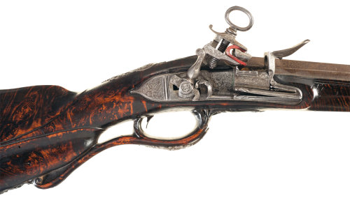 Silver mounted Italian miquelet fowling musket with beautiful rootwood stock, circa 1730.