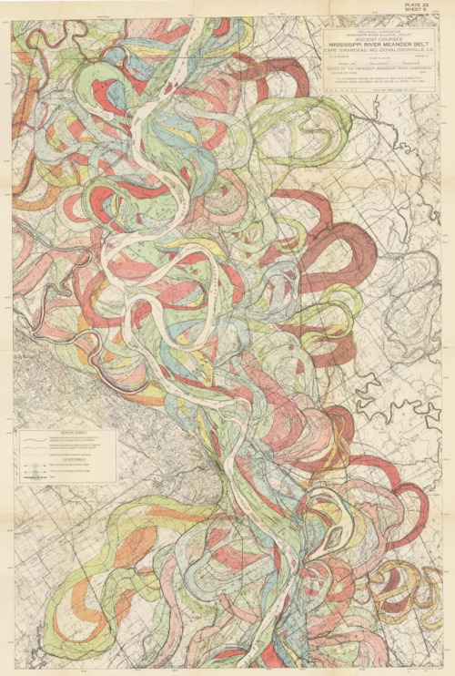 Harold Fisk, maps of the Mississippi, 1944. From Southern Illionis to Southern Louisiana. Via radica