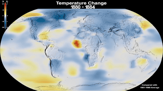Data visualization of temperature anomalies on Earth from 1880-2022. The visualization gradually progresses from more blues, which represent cooler temperatures, to more reds, higher temperatures. Credit: NASA’s Scientific Visualization Studio