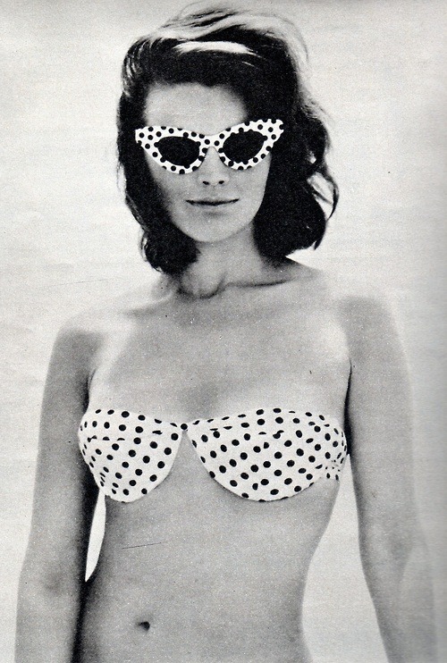 Yes, they sure knew how to build bikinis in the 1960s. Let’s hope we see Megan Draper in this in upcoming episode of Mad Men. I’m not sure t would fit Joan.  From madmenhattan: Sunglasses ad in Match magazine, 1964.