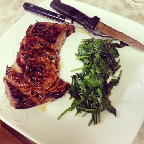 Dinner. Medium grilled ribeye and 2 cups sautéed spinach. Words can’t describe how delicious t