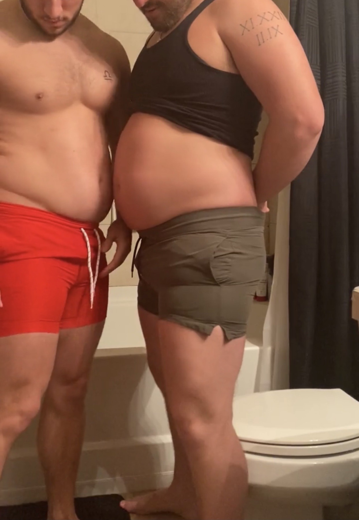 thic-as-thieves:These swim trunks almost didn’t fit…broke a sweat trying to get them on! Wait until y’all see the before and after pic! Video on our site, link in bio! 