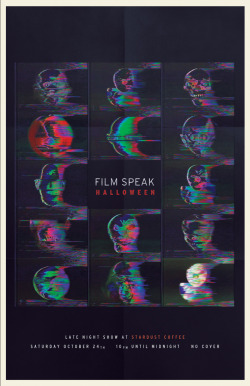 Promotional print material for ‘Film Speak: Halloween’, a live music and multimedia event. Live video was being created and manipulated while a multi-instrumentalist created live scores to marry the two. 2015