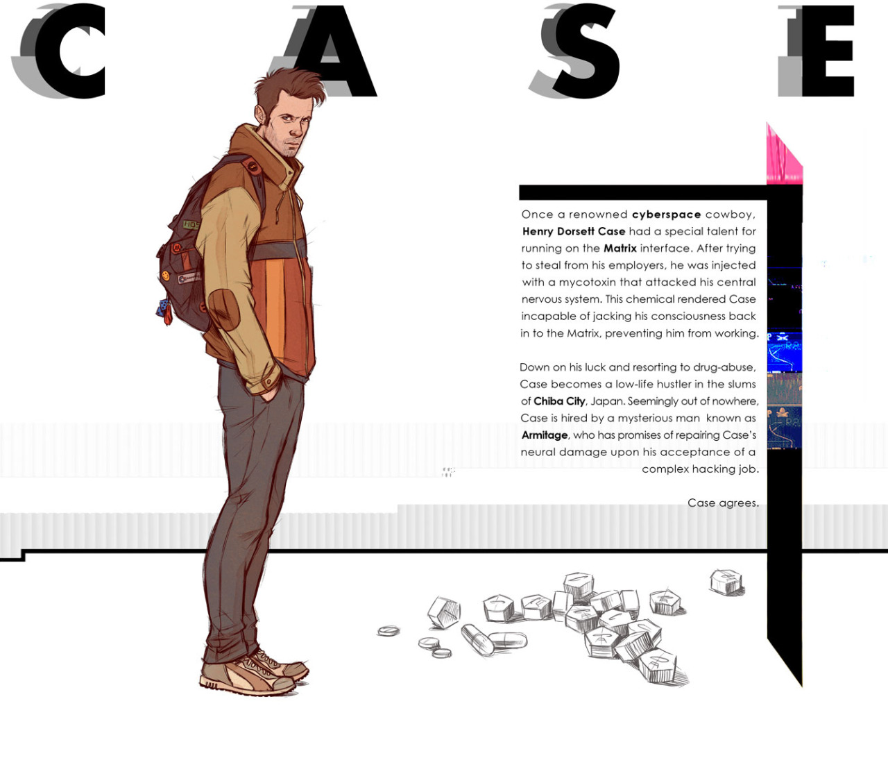 nathanandersonart:  Concepts of the main and major supporting characters of Neuromancer.