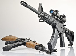 gunrunnerhell:  LAR-47 The much anticipated Rock River Arms AR-15 variant that accepts standard AK magazines; both polymer or steel. In order for it to do this, the mag well has a much steeper angle. Old 7.62x39mm AR-15 rifles had to rely on proprietary