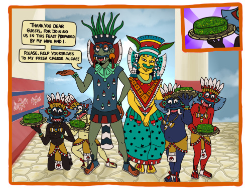 Tlaloc shares a Tenochtitlan lake delicacy; algae scraped from the lake’s surface and baked in