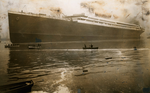 The Britannic, a massive British steamer and sister ship to the Titanic, launches from Belfast Harbo