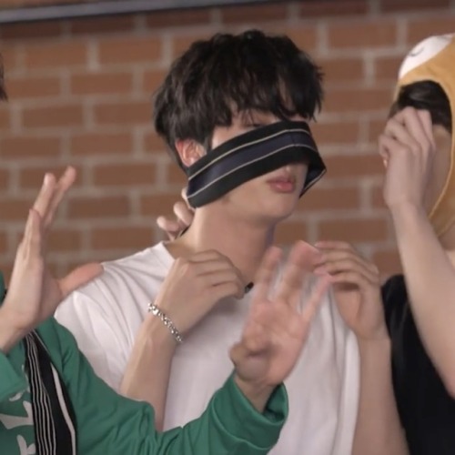 jungkook fixing seokjin’s blindfold but mostly just laughing at him