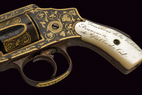 A Spanish decorated Smith &amp; Wesson 1st Model double action revolver. Ivory grips are inscribed &