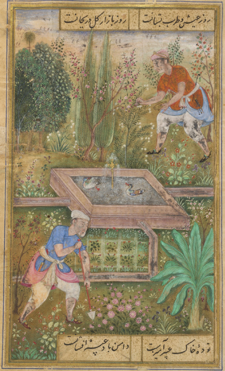 It’s the Day for the Garden! (painting, recto; text, verso), folio 173 from a manuscript of th