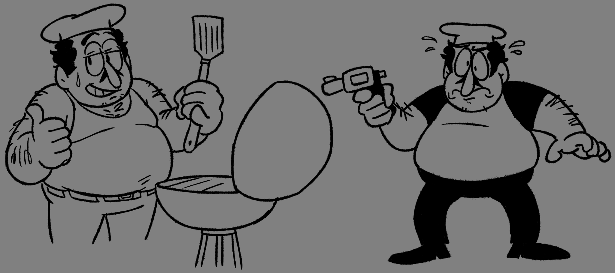 Peppino holding a gun and also Peppino at a grill