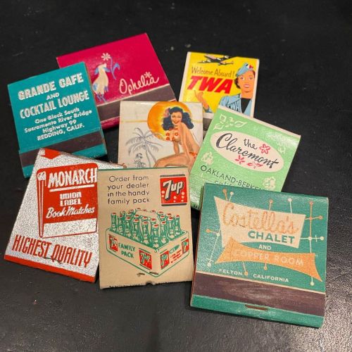 Did you know we carry a fabulous, big bowl of vintage matchbooks in the shop? Look at those fun grap