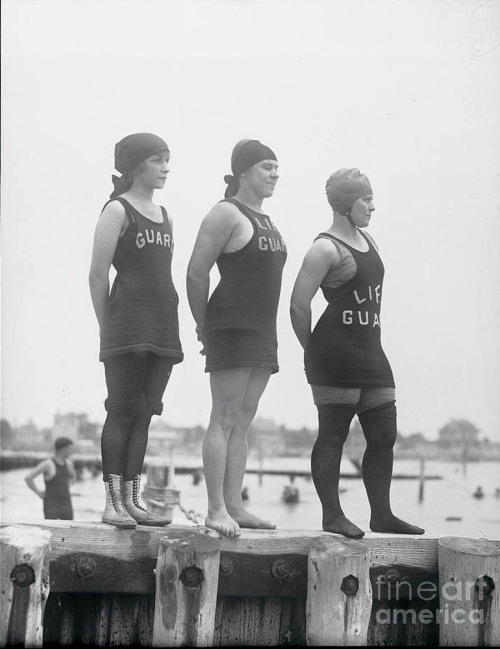 newyorkthegoldenage:    Brooklyn, June 29, 1921: Three female life guards at Brighton Beach—Gertrude Neumarker, Bertha Tomkins, and Gertrude Goodstein.Photo: Bettmann Archives/Getty Images/Fine Art America