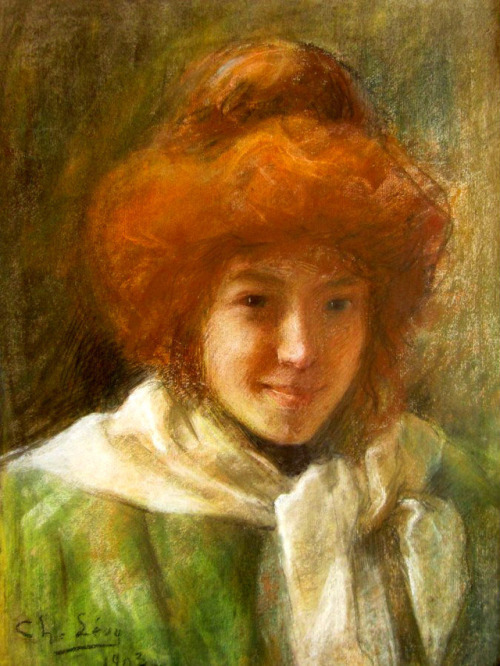 Charles Levy - Portrait de jeune fille rousse au foulard - 1900