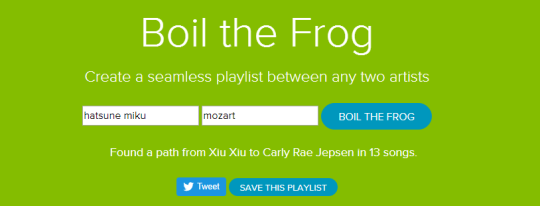 just-a-john-doe:  emiliascorner:  lordpudi:  cloverture:  cloverture:  there’s a website where you put in two musicians/artists and it makes a playlist that slowly transitions from one musician’s style of music to the other’s it’s really fun 