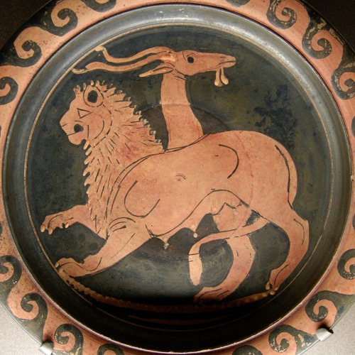 The Chimera.  Apulian red-figure dish by a painter of the Lampas Group, ca. 350-340 BCE.  