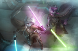 Commission for GrimRubix Jedi masters jumping right into action. I actually find ponies fitting to the Star Wars theme. They might as well just be another race of aliens. Idea for a futuristic headcannon, hmmm? This image might have a follow-up. Expect