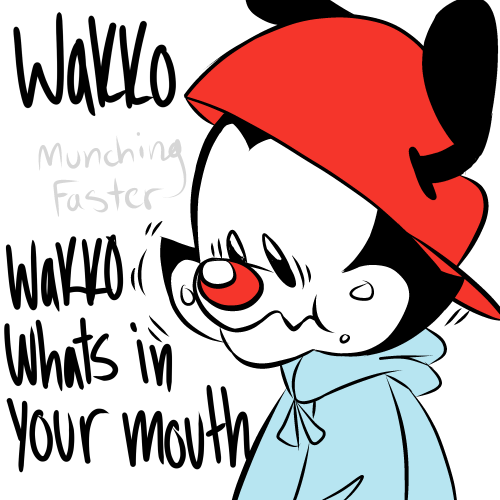 syrupyyy-art:wakko eats a silicon packet.png[ID: A two-paneled comic of Yakko and Wakko from Animani